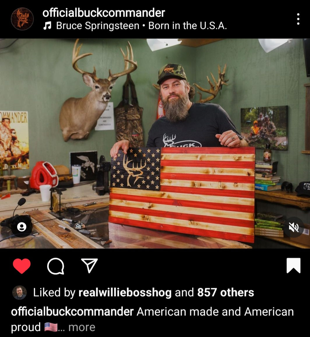 Buck Commander Logo Red White and Burned Rustic Flag