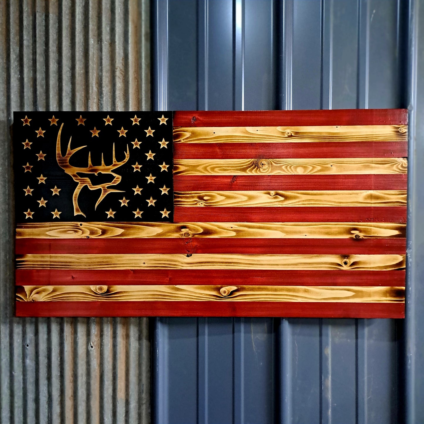 Buck Commander Logo Red White and Burned Rustic Flag